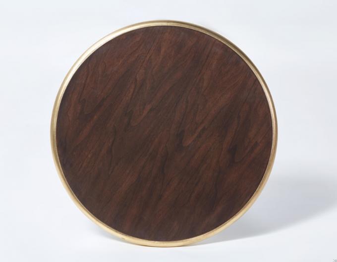 Walnut Wood Veneer Round Dining Table With Solid Wood Edge And Gold Leaf Base 1