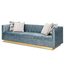 Giá tốt. Modern Living Room Blue Velvet Fabric Sofa Stainless Steel Golden Brushed Manhattan Sofa With Wide Channel Tufting with trực tuyến