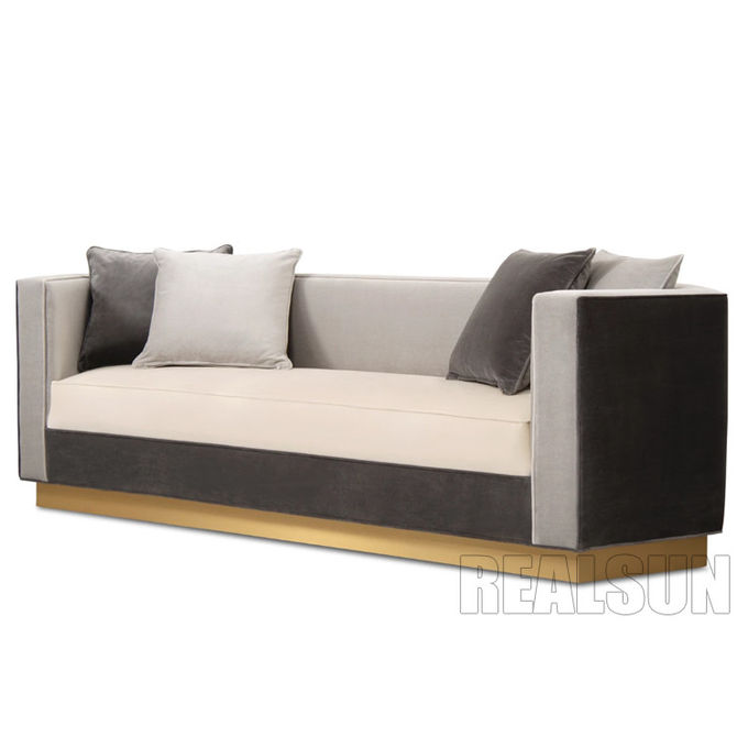 Comfortable Living Room Sofa Mosaic Contrast Color Leather With Chenille Soft Sponge Cushion 0